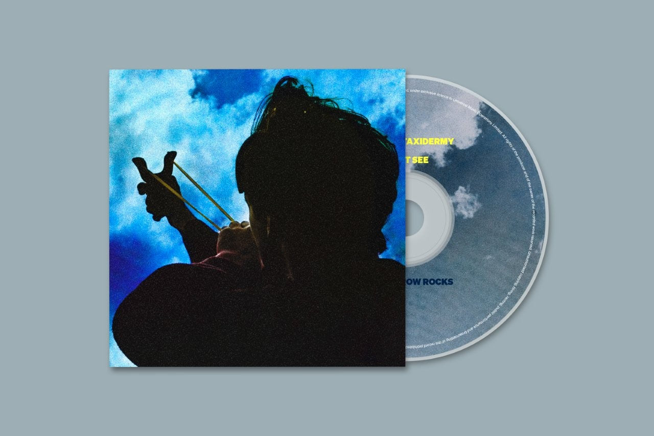CD album cover featuring a silhouette of a person holding a slingshot against clouds.