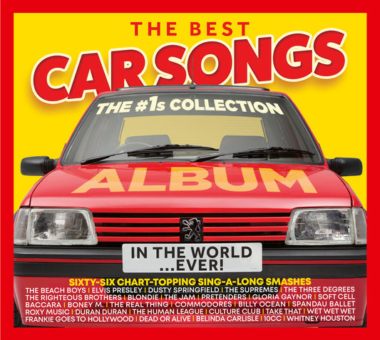CD cover featuring a red Peugeot 205 with bold text: "The Best Car Songs...EVER!".