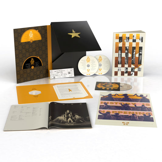 Hamilton" anthology CD box set with discs, ticket stub, and booklet spread.