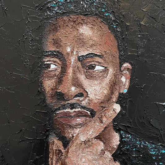 Textured portrait of Pete Rock with dark background and metallic highlights.