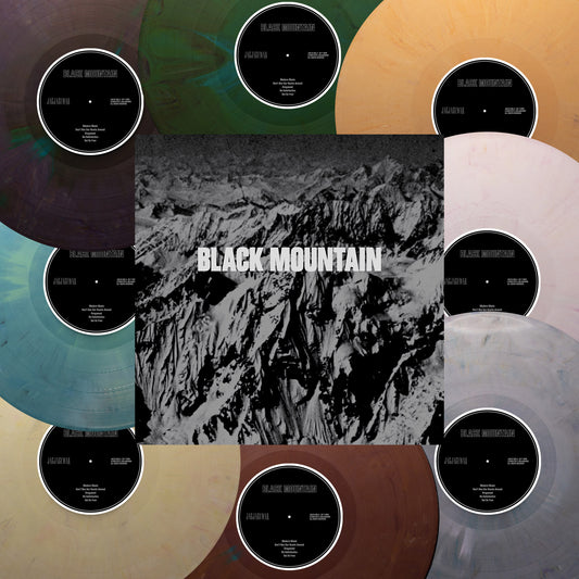 Album cover with collage of colorful vinyl records and architectural sketch.