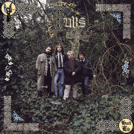 Four men stand in a wooded area with Celtic knotwork borders and text overlays.