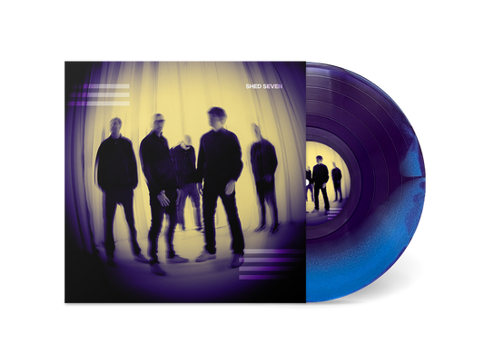 Shed Seven album cover and blue swirl vinyl record shown.