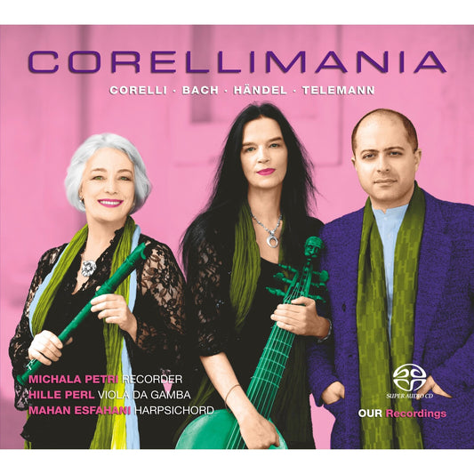 Three musicians posing against a pink background with text overlay on a CD cover.