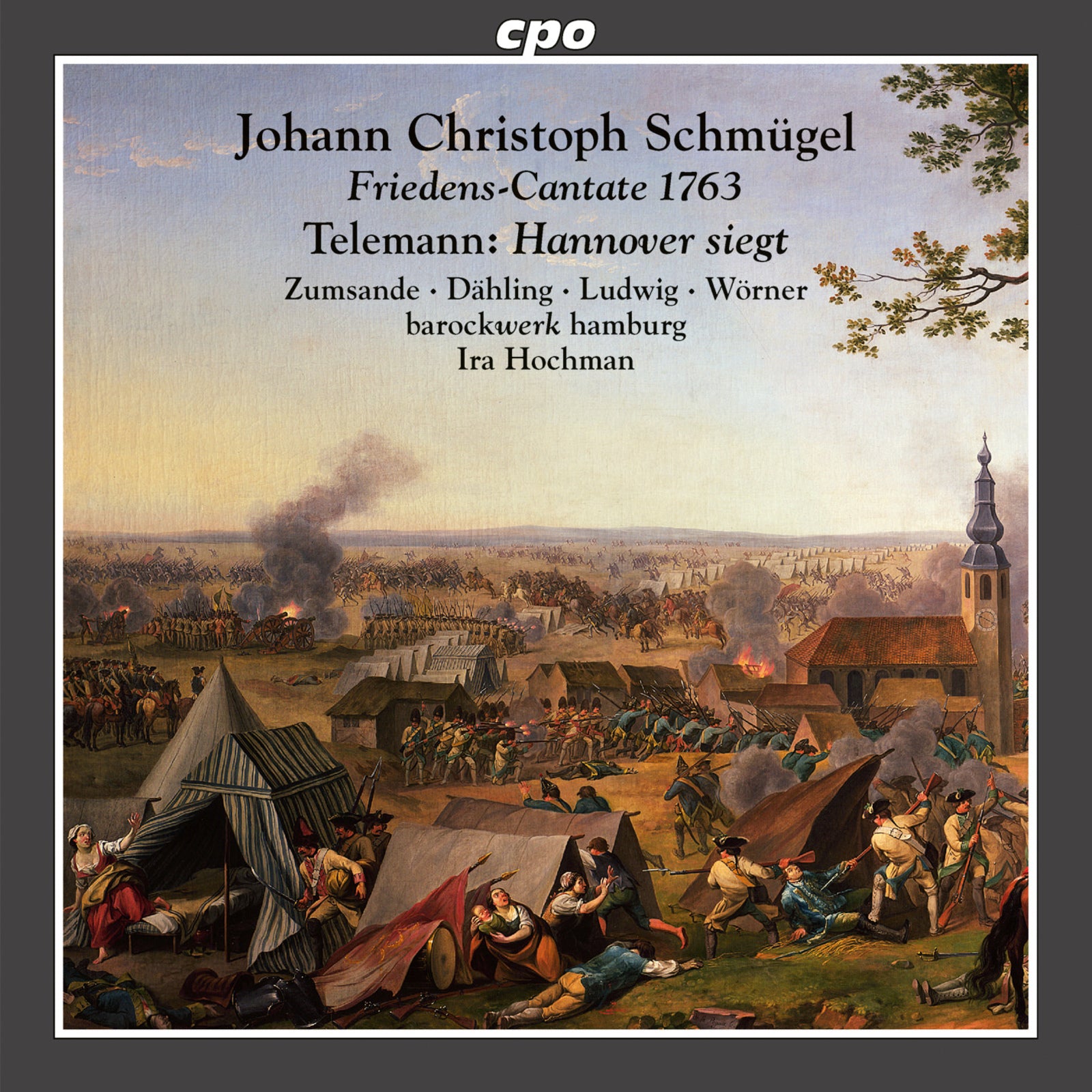 CD cover featuring a historical battle painting with soldiers, tents, and a church tower.