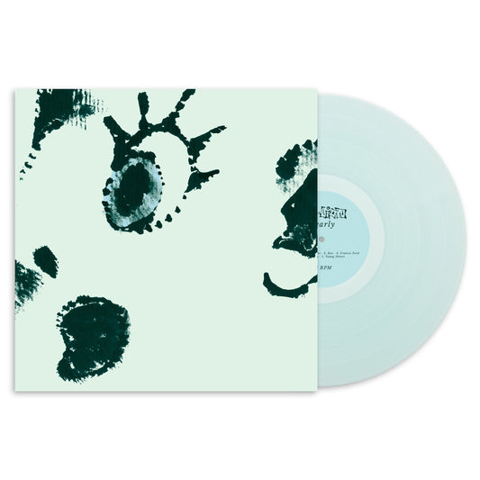 Celadon green vinyl record with abstract dark green floral design.