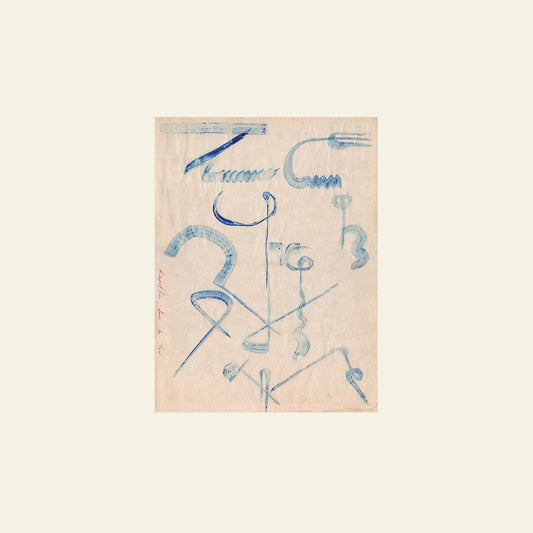 Abstract blue lines and shapes on a textured, light pink background.