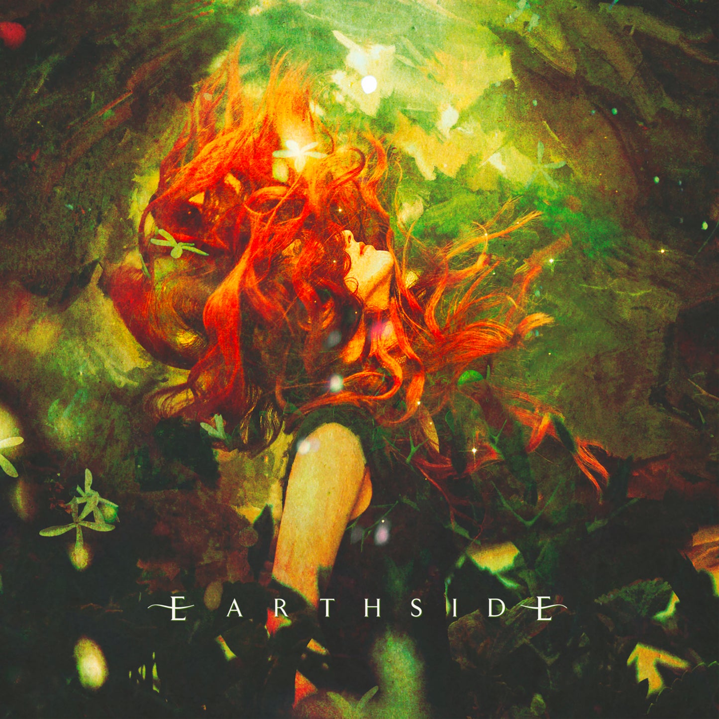 A woman with long red hair floats in a dark, green, ethereal forest setting.