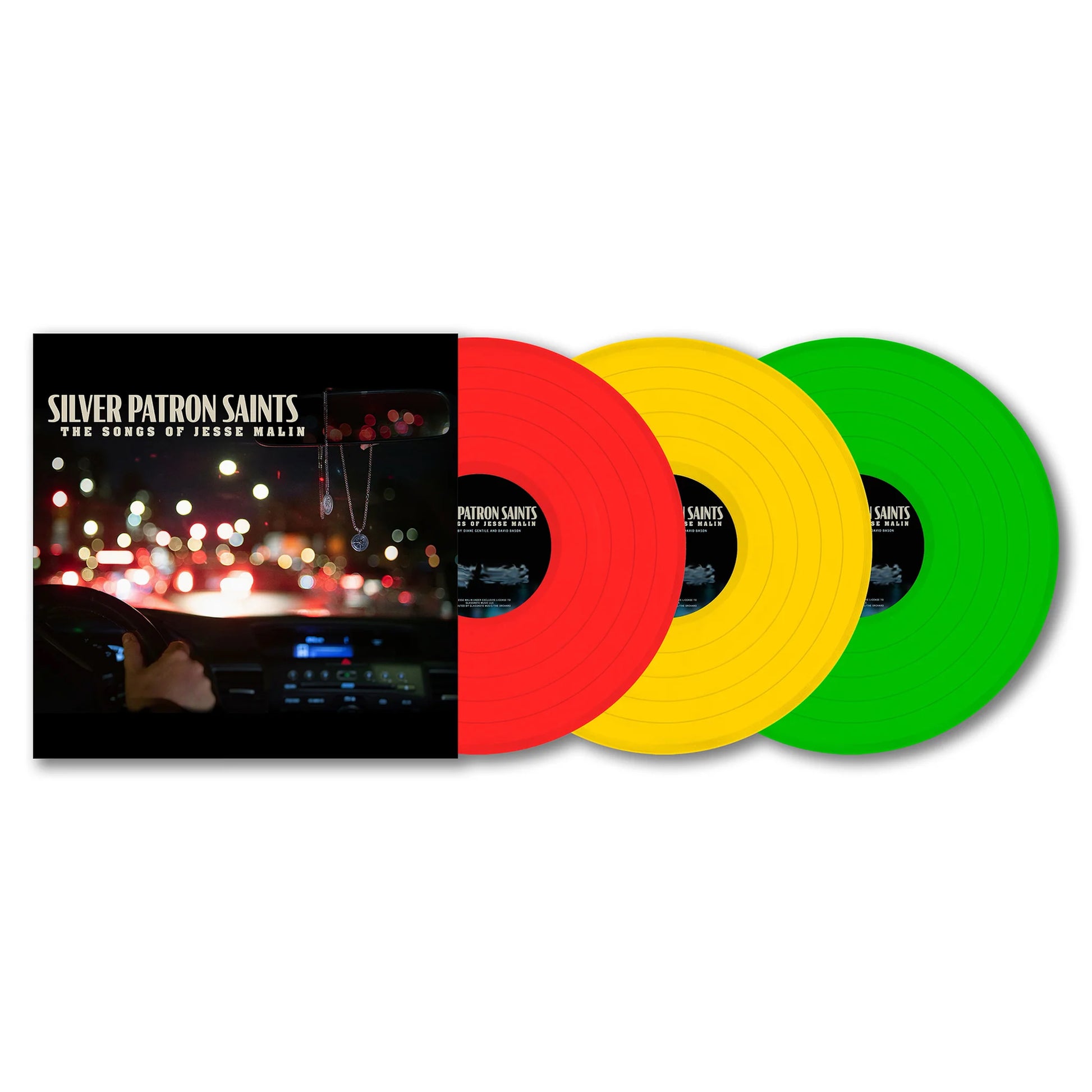 Album cover next to three vinyl records in red, yellow, and green.