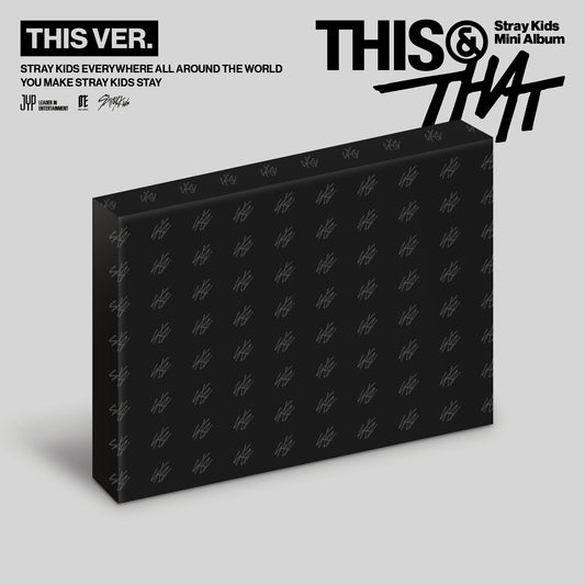 Stray Kids “THIS & THAT” album cover, black with white graphic patterns.