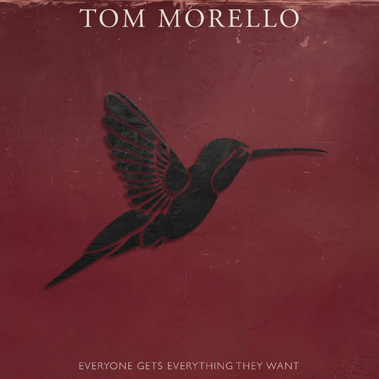 Album cover for Tom Morello featuring a black hummingbird on red.