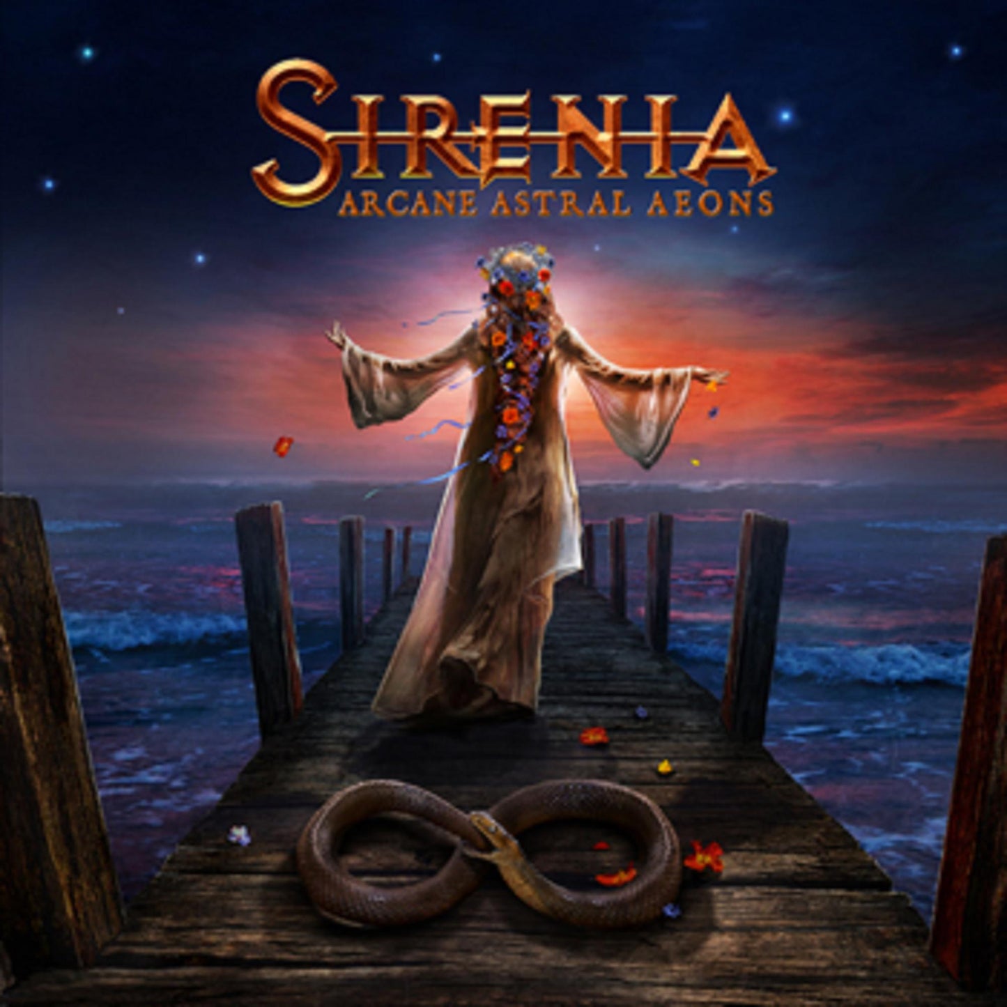 A woman in a gown stands on a pier before an infinity-shaped snake at sunset.