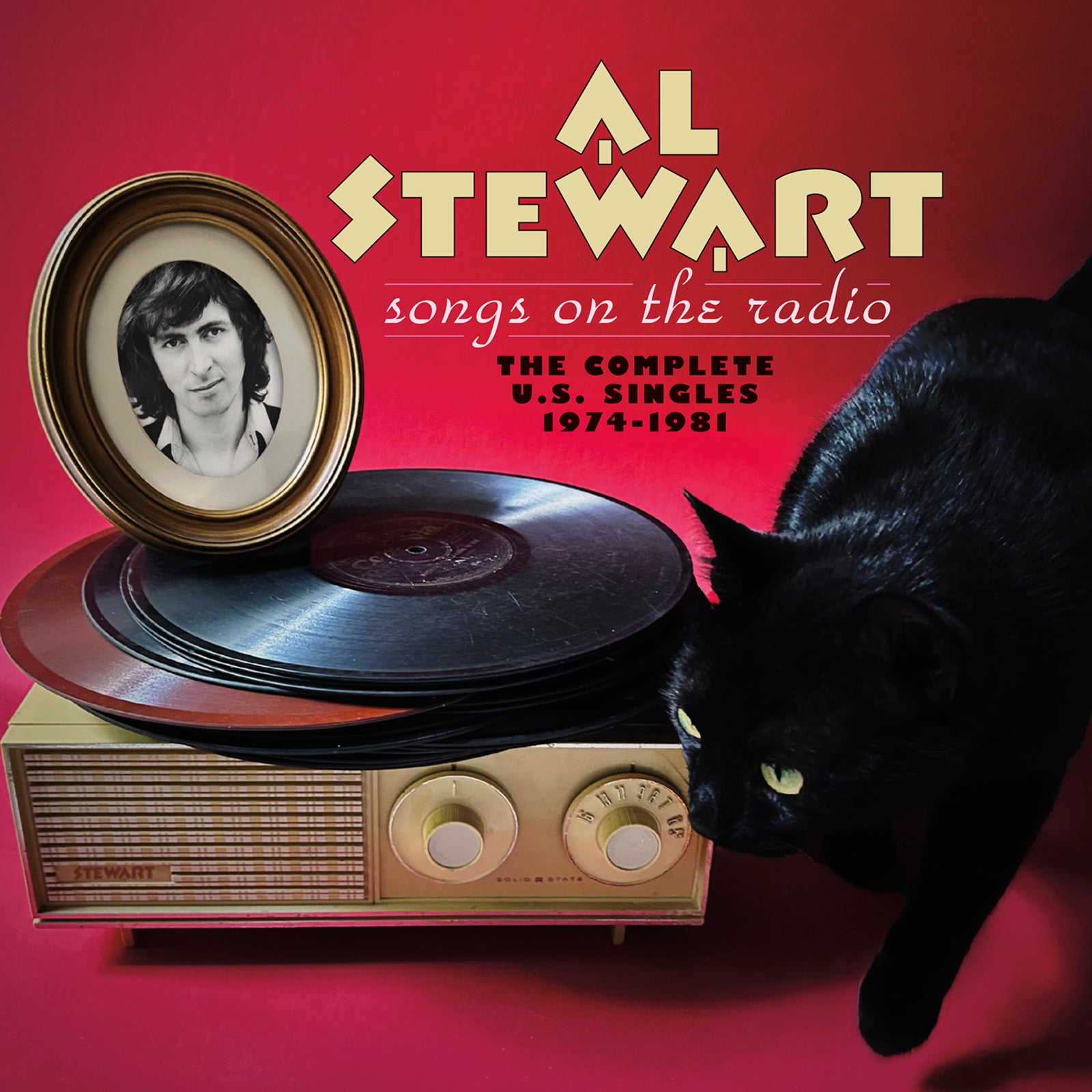 Al Stewart album cover featuring a portrait, radio, and black cat.