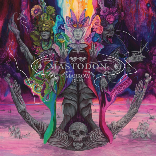 Album cover for Mastodon’s “Marrow Deep” featuring surreal, colorful figures.