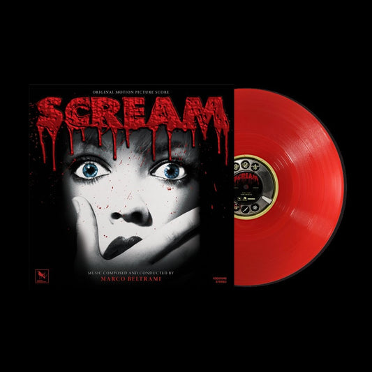 “Scream” 30th Anniversary vinyl record with a distressed face and red color scheme.