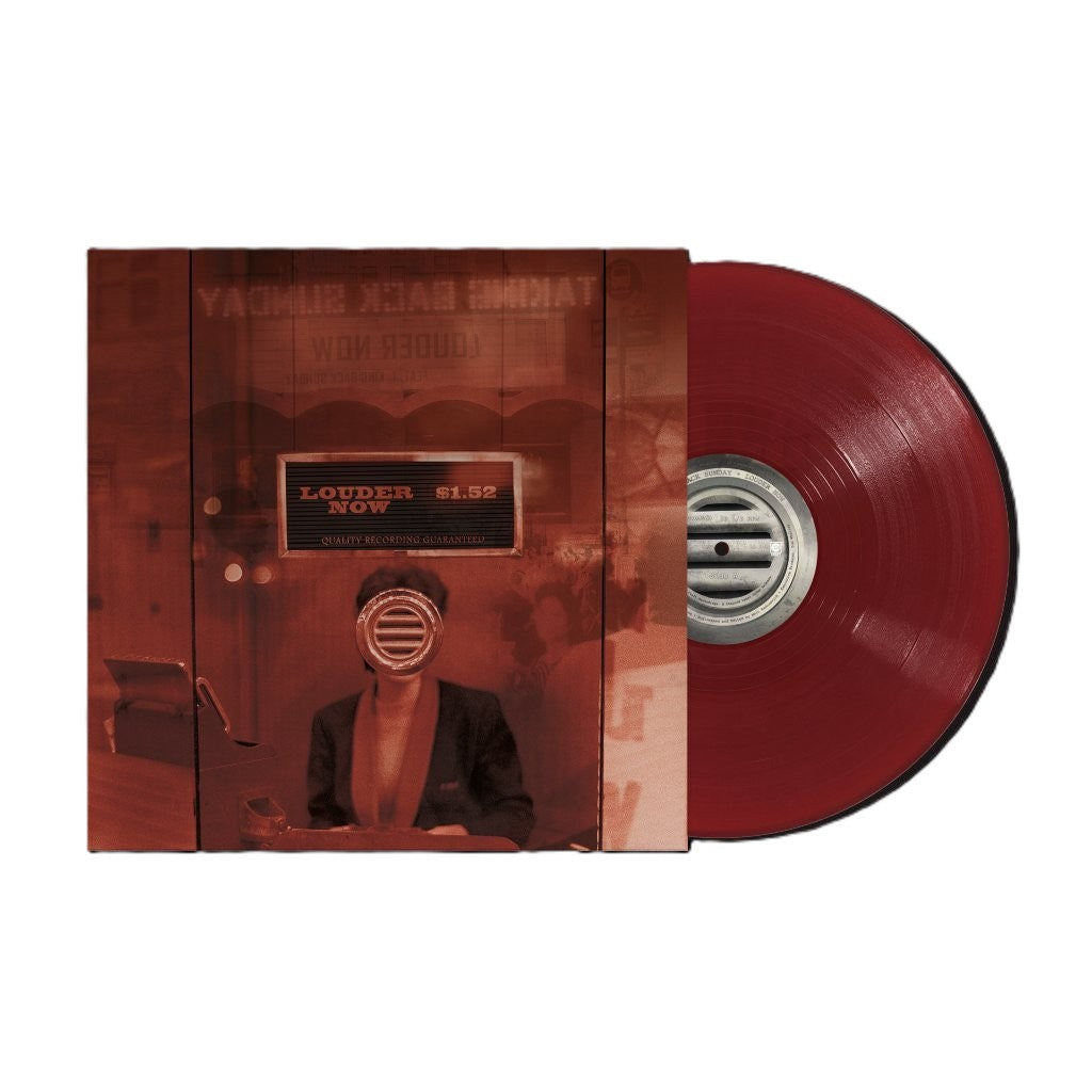 Red vinyl record and album cover with a masked figure.