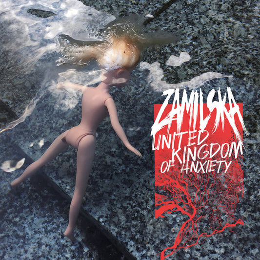 Vinyl album cover: doll in water with red text "Zamilska United Kingdom of Anxiety".