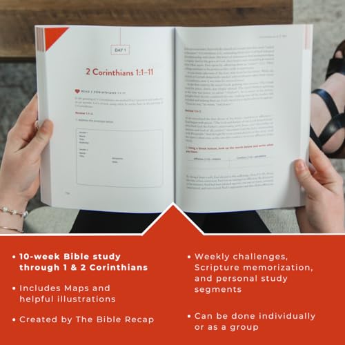 Open Bible study book with text and illustrations, held by two people.