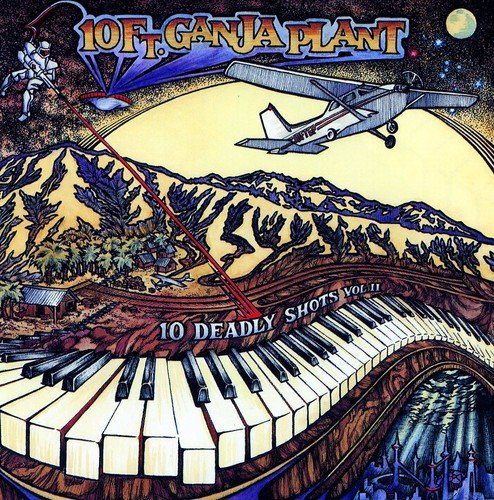 CD cover: surreal landscape with plane, keyboard, and laser beam.