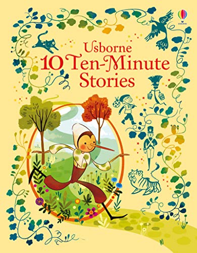 Book cover titled 10 Ten-Minute Stories featuring a Pinocchio-like character and whimsical fairytale illustrations.