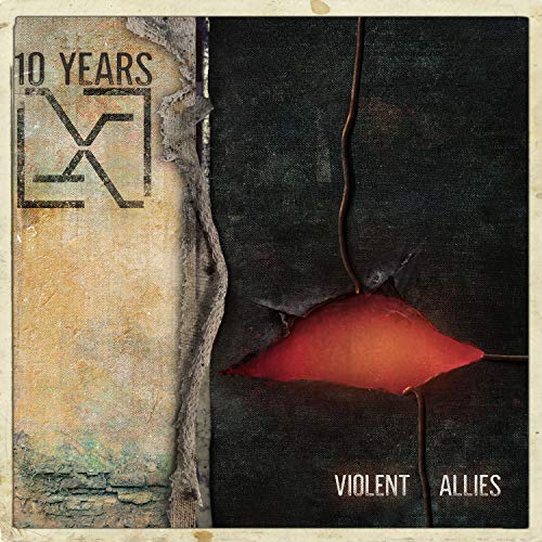 A distressed album cover with a red glow and torn texture.