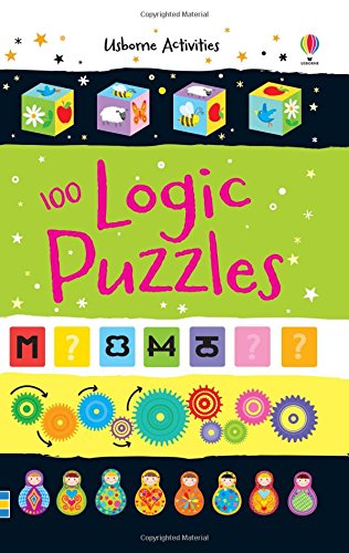 Colorful cover of "100 Logic Puzzles" book with puzzle elements.