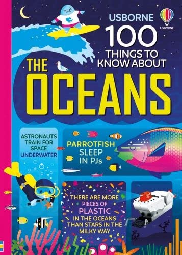 Book cover: "100 Things to Know About the Oceans" with ocean life illustrations.