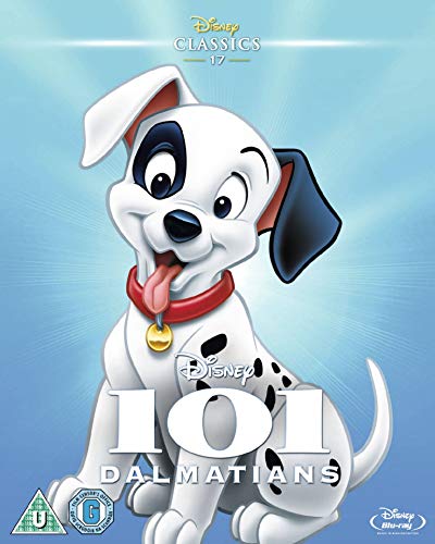 Blu-ray cover for Disney’s “101 Dalmatians” featuring a spotted puppy.