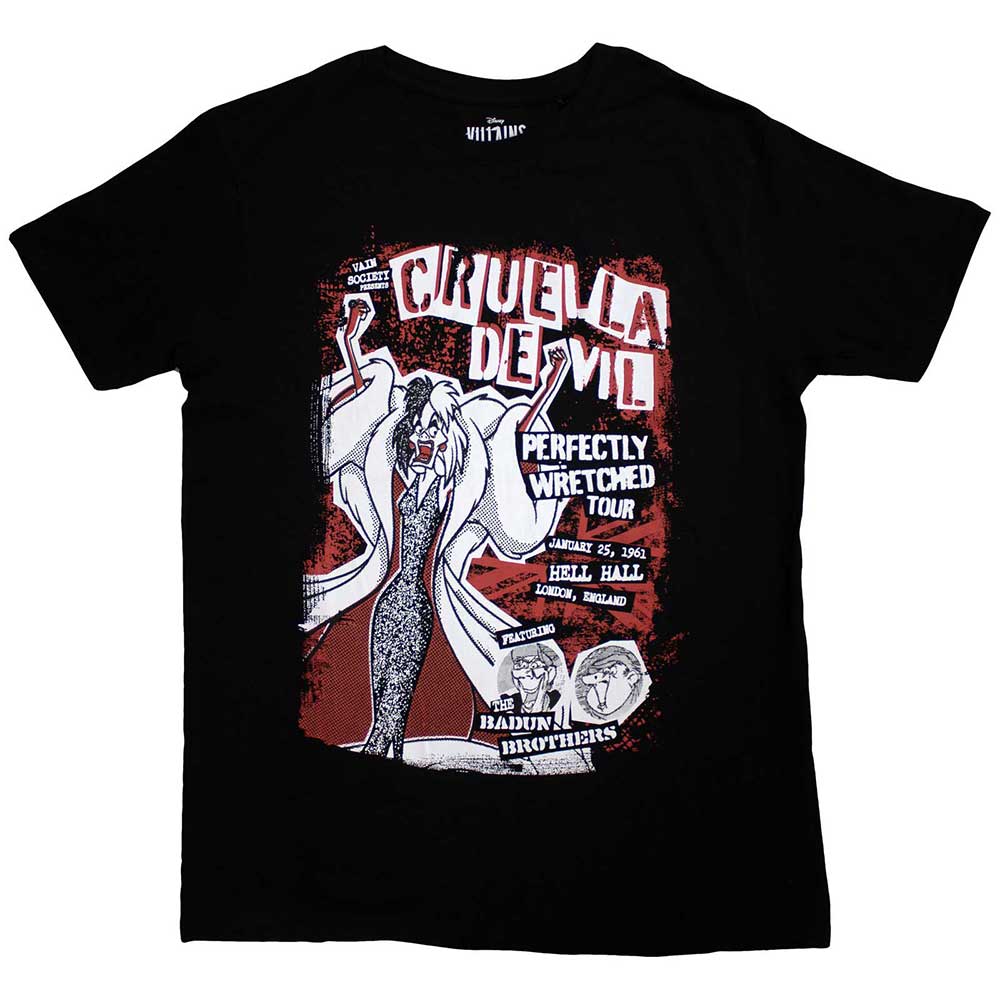 Black unisex t-shirt featuring a Cruella de Vil graphic print for a concert tour.