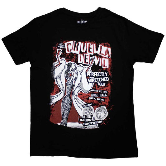 Black unisex t-shirt featuring a Cruella de Vil graphic print for a concert tour.
