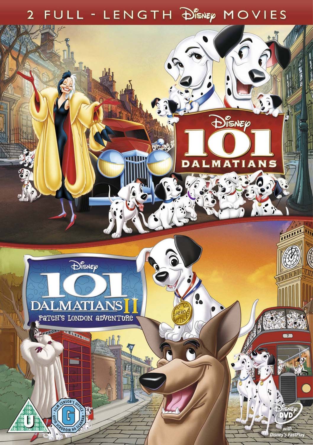 "DVD cover featuring scenes from two Disney movies: 101 Dalmatians and 101 Dalmatians 2."
