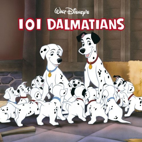 Black and white spotted dalmatian puppies on a red background with Disney logo.