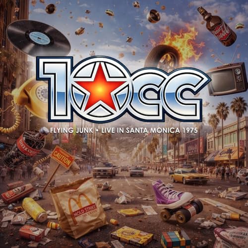 Album cover with chaotic city street scene and 10cc logo in bold font.