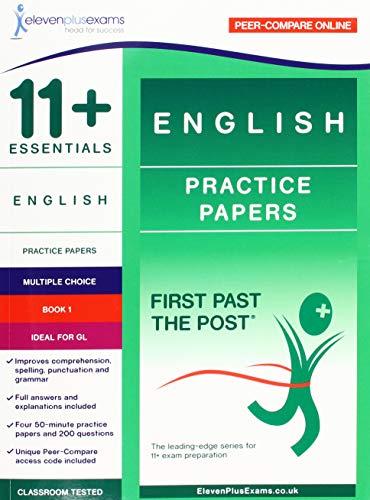 "Green and white book cover with '11+ ESSENTIALS ENGLISH PRACTICE PAPERS' and a stick figure."