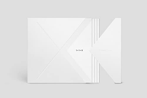 White vinyl record packaging with geometric lines and text “1 + 1 = X”.