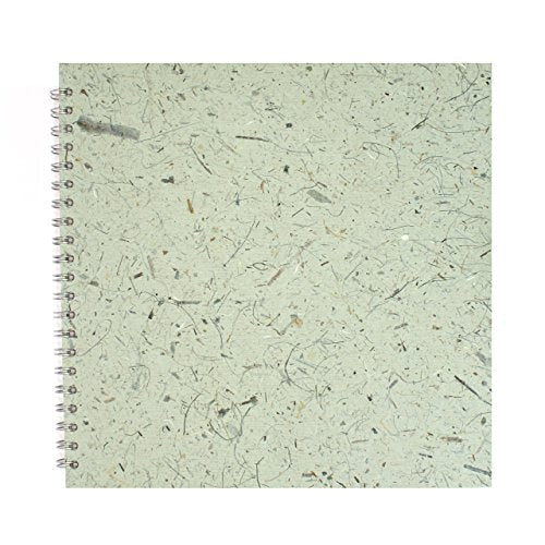Square spiral-bound notebook with textured, light grey-green paper.
