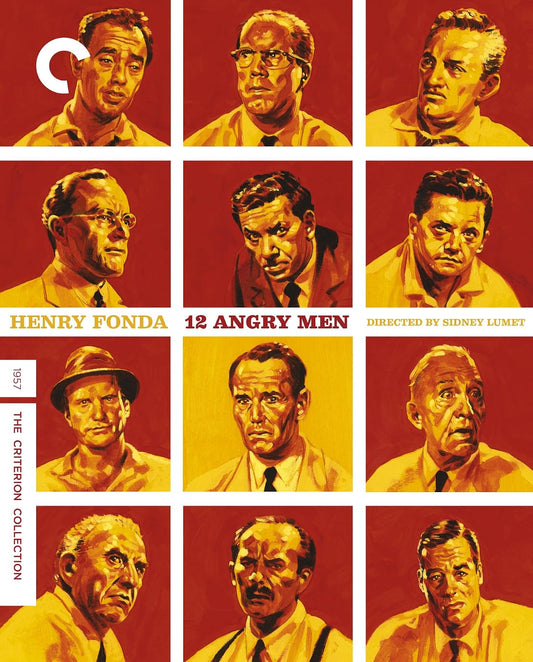 12 Angry Men" Criterion Collection Blu-ray cover with nine illustrated juror portraits.