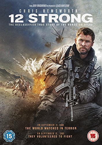 DVD cover for "12 Strong" featuring Chris Hemsworth with soldiers and helicopters.
