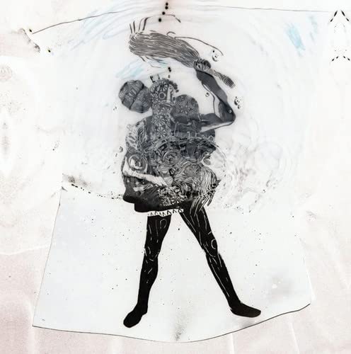 Black and white illustration of a figure with flowing hair, vinyl record.
