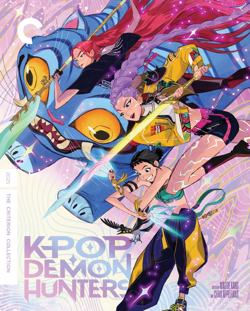 KPop Demon Hunters" Blu-ray cover with illustrated characters and a blue tiger.