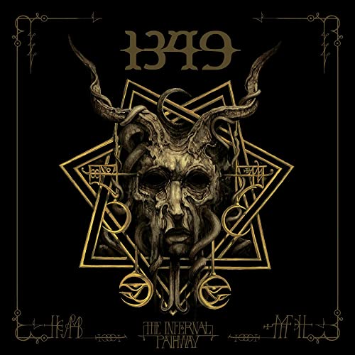 Dark album cover for 1349, featuring a demonic face within a golden pentagram.