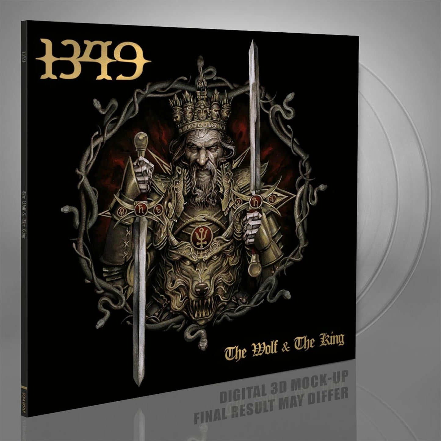 1349 album cover: bearded king with swords, dark fantasy illustration.