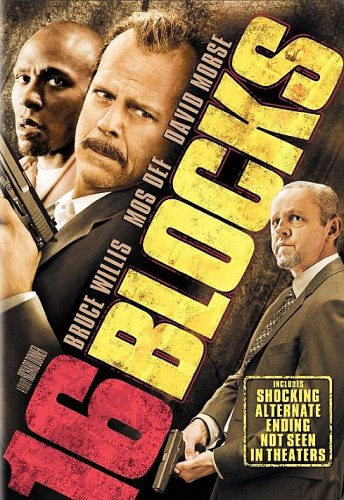 DVD cover for "16 Blocks" featuring Bruce Willis, Mos Def, and David Morse.