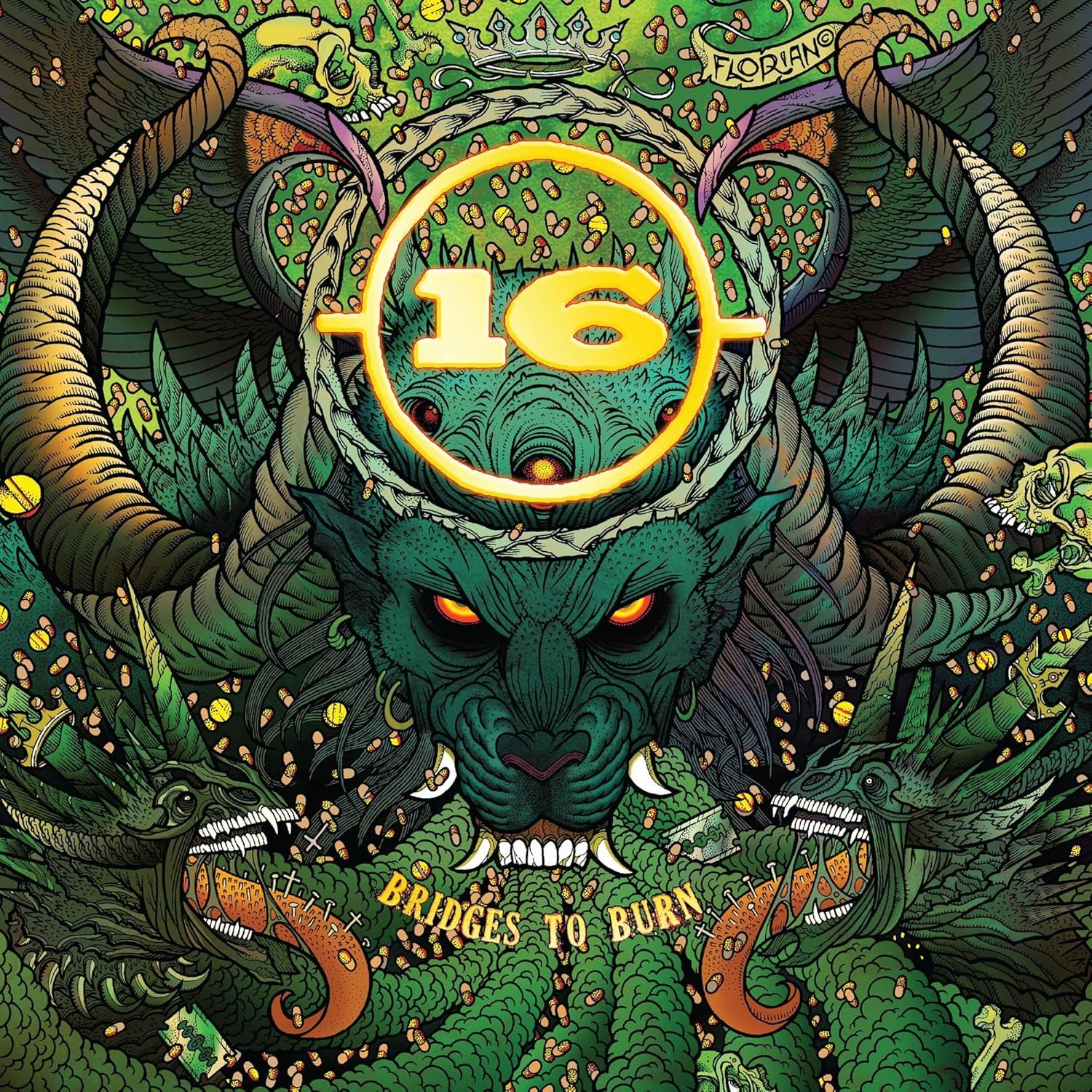 Album cover art featuring a central green demon, two side dragons, and pills everywhere.