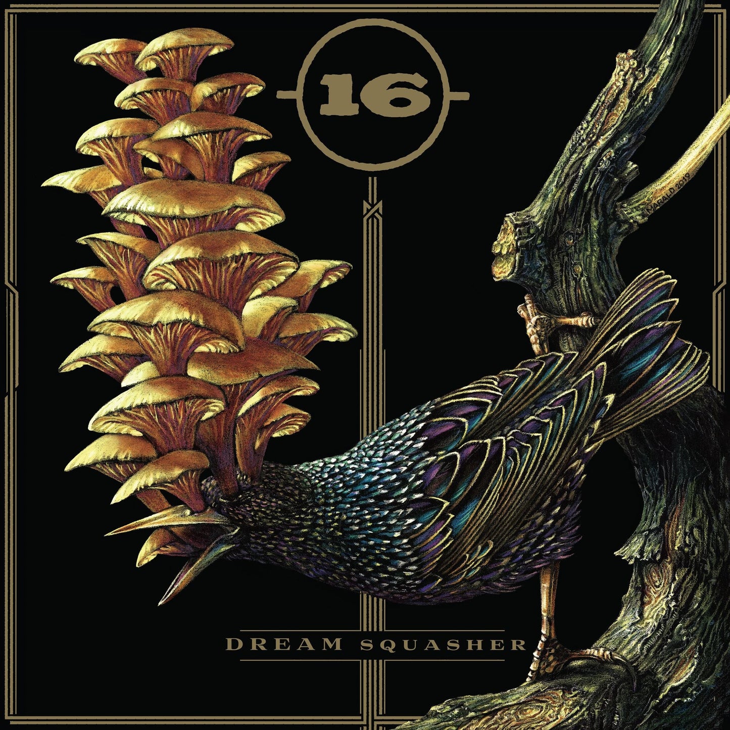 A bird on a branch with a large cluster of golden mushrooms growing from it.