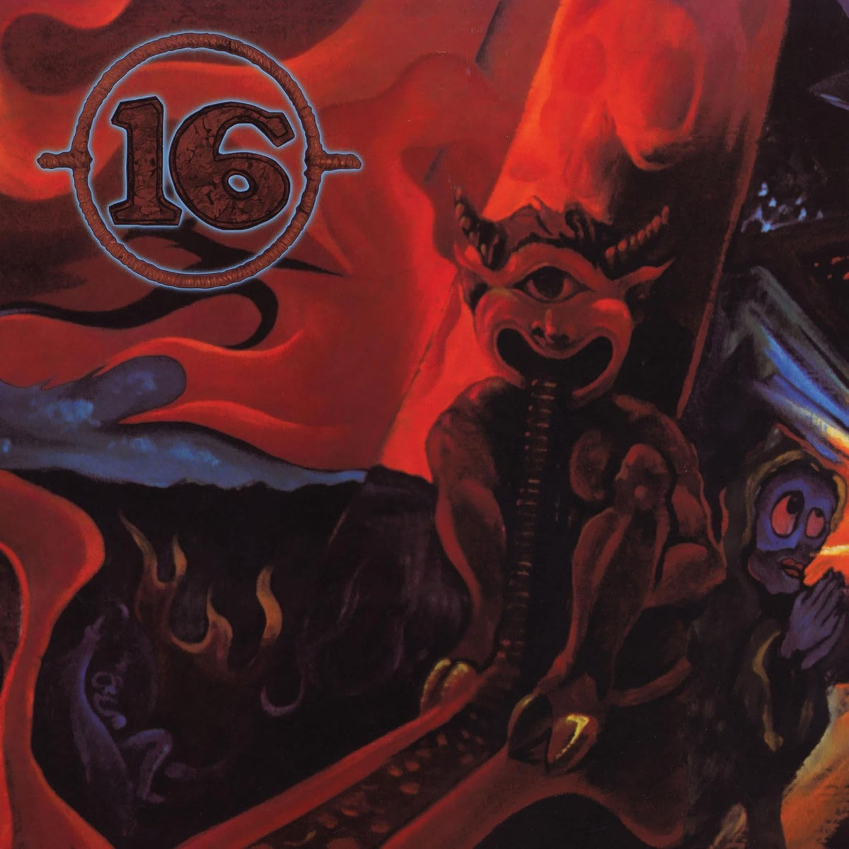 Album cover art featuring a red, surreal landscape with a cyclopean demon and number 16.