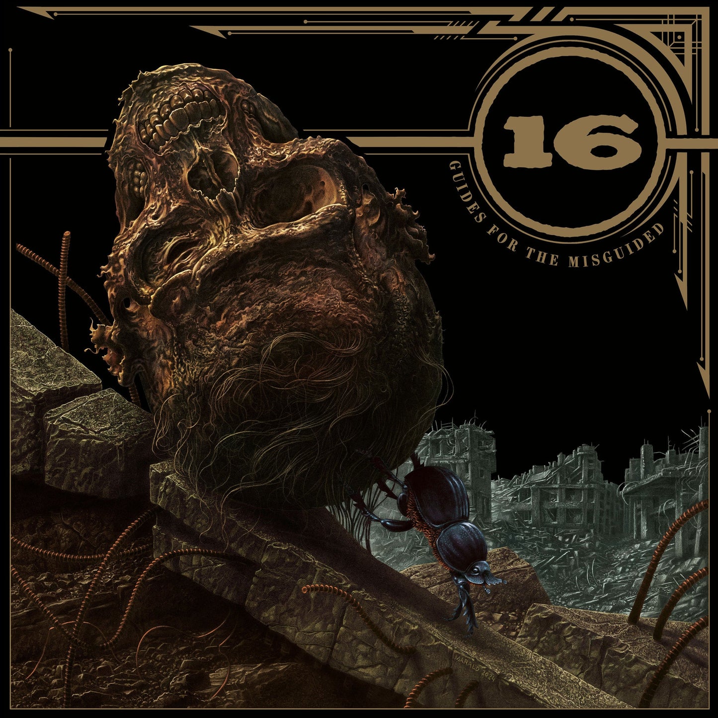 Dark album cover featuring a monstrous face, insects, and a ruined city.