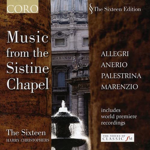 CD cover for “Music from the Sistine Chapel” featuring a fountain and architecture.