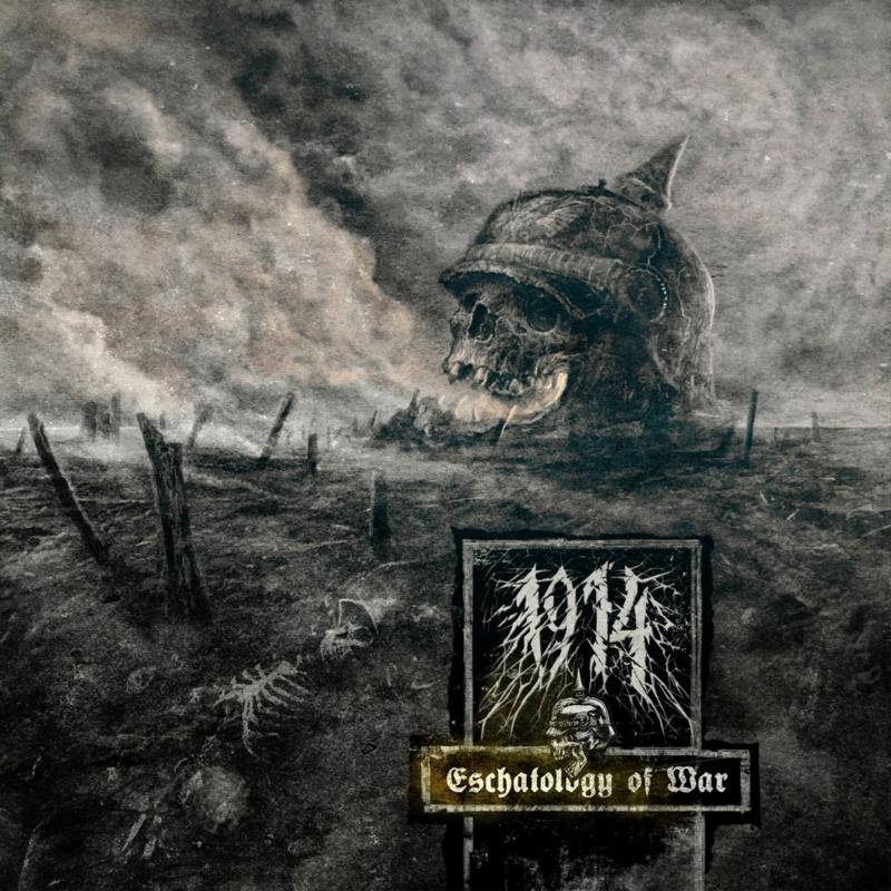 A skull wearing a German Pickelhaube helmet on a dark, desolate World War I battlefield.