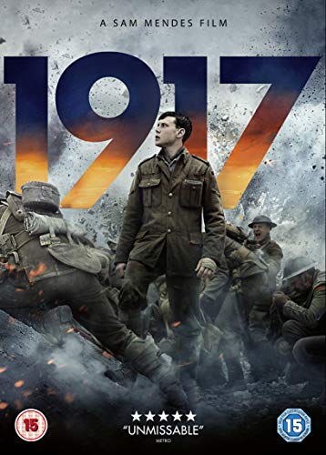 1917 DVD cover: soldier walking through war-torn landscape, muted colors.